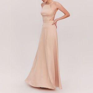 Fame & Partners Backless Satin Gown, Nude color